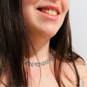 Cornflower Blue 1960s Collar Necklace w/ Sparkling Flowers & Blue Enamel Leaves